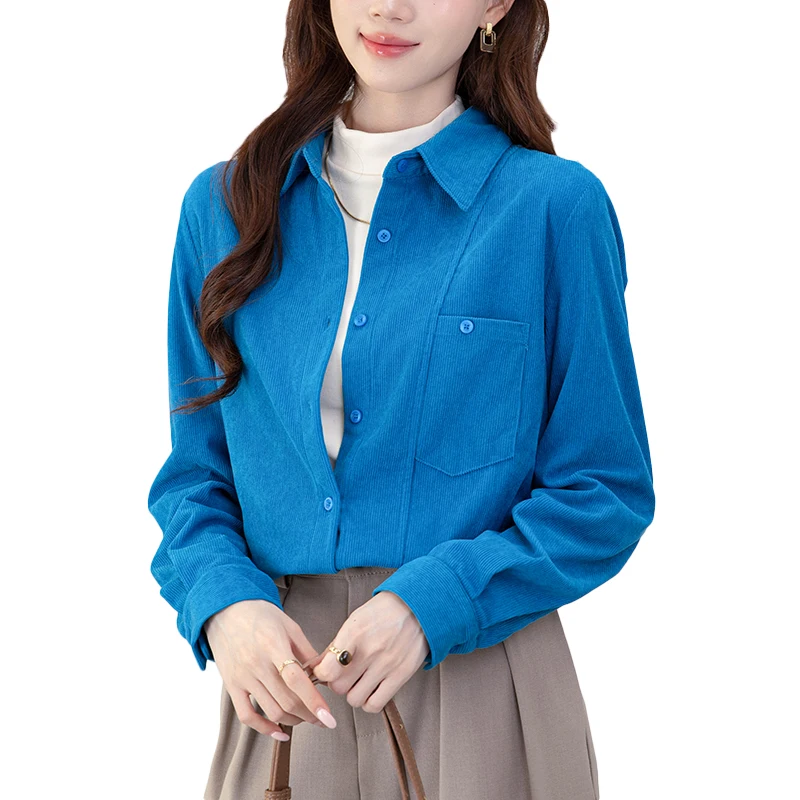 Autumn Winter Vintage Corduroy Women's Blue Blouses One Pocket Single Breasted Office Casual Loose Shirts Tops Female 2025 New