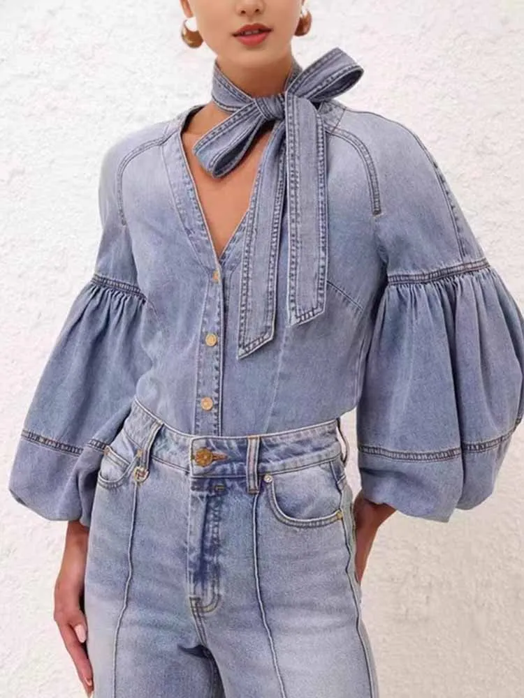 

BKQU Trendy Lace Up Denim Blouse Women 2025 Spring Summer V-Neck Lantern Sleeve Button Down Jean Shirt Vintage Street Lady Tops