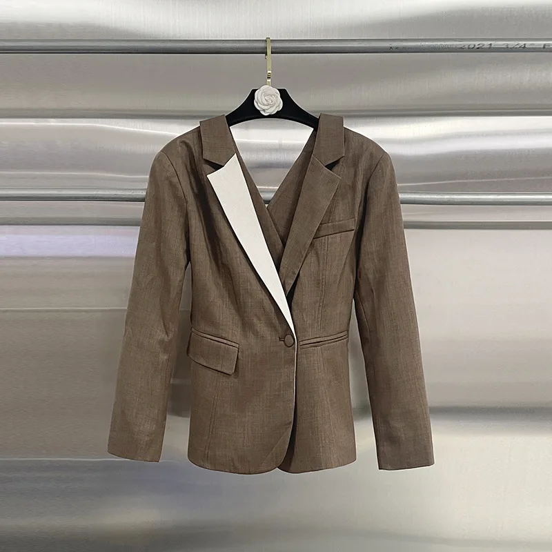 Eeonovni vintage sem costas design blazer casaco para mulher contraste cor colarinho botão emendado jaqueta fina elegante 2025 outono novo