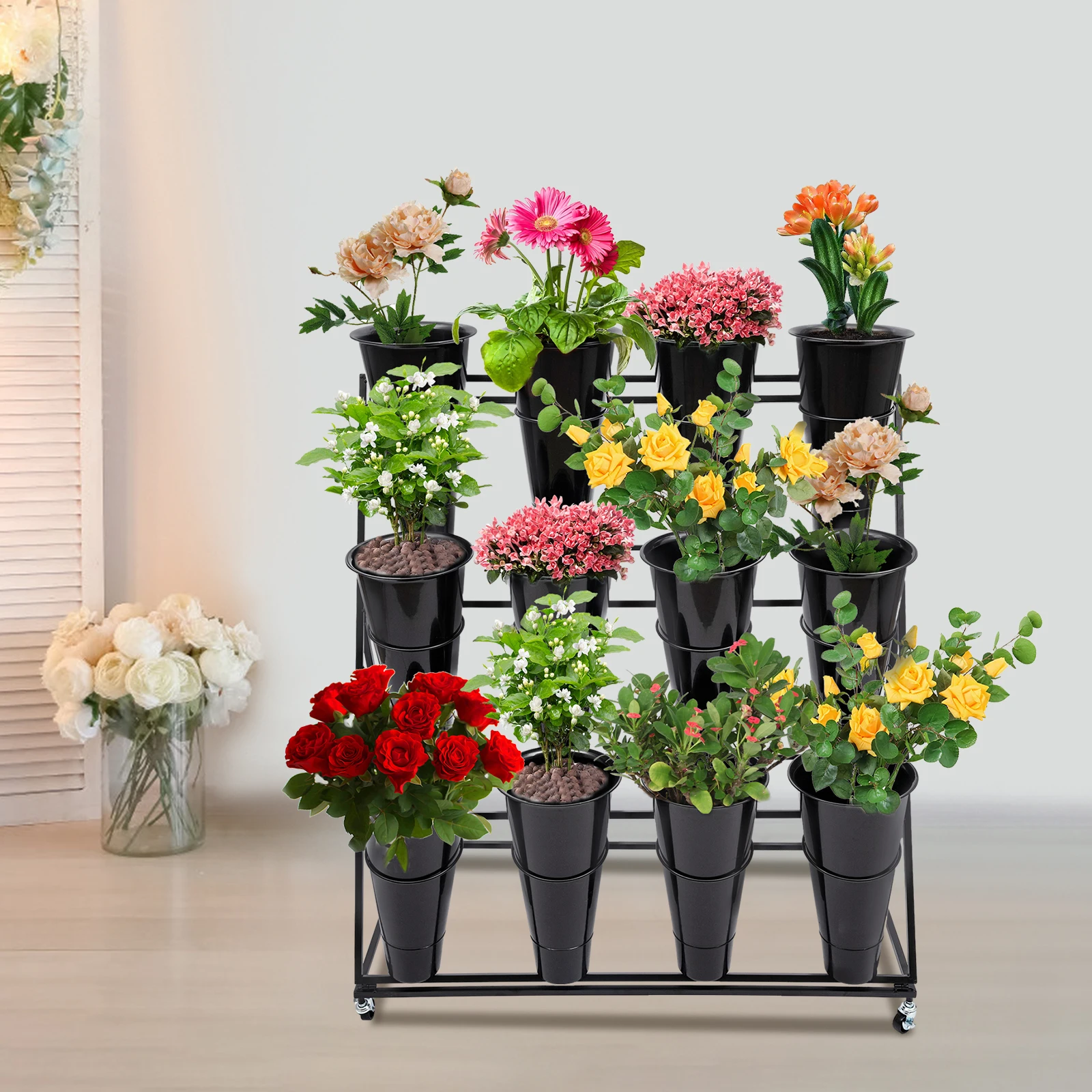 3 Layers Black Flower Display Stand Metal Plant Stand W/ Wheels & 12 x Buckets For Garden Decoration