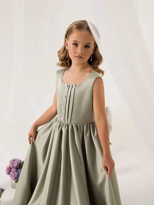 

Satin Sleeveless Flower Girl Dress For Wedding Elegant Floor Length With Bow Puffy Baby Kids Birthday Party First Communion Gown