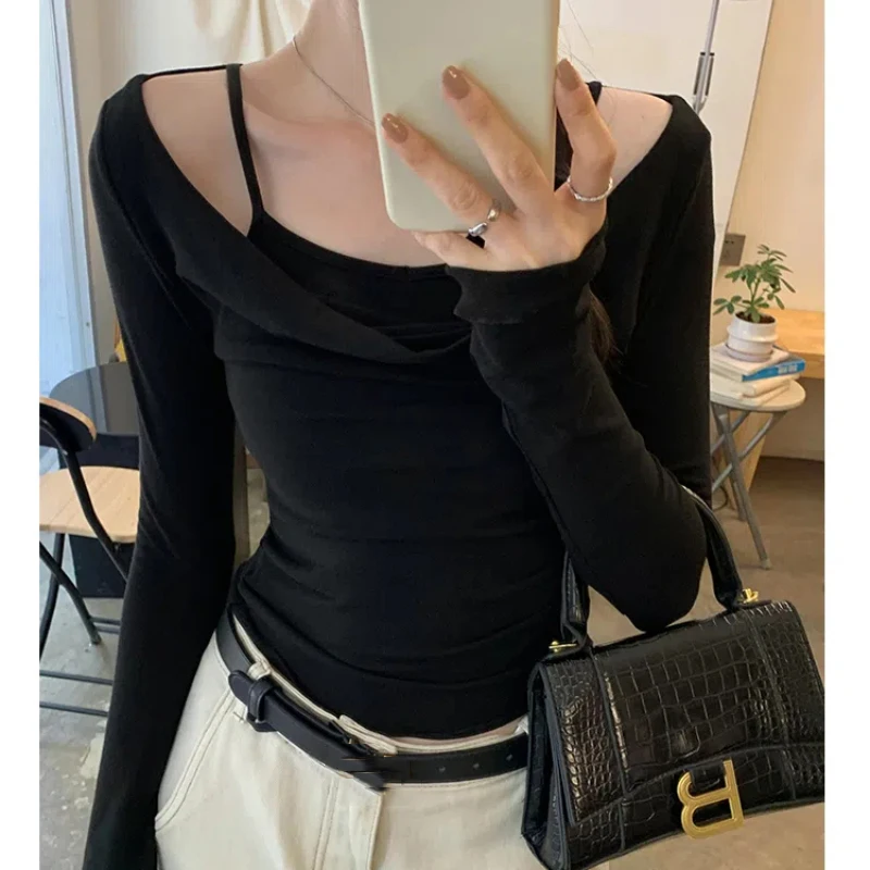 Ladies Fake Two Pieces Sexy Spaghetti Strap Sheathy T-shirts Women Early Autumn Long Sleeve Slim T Shirt Korean Style Woman Tops