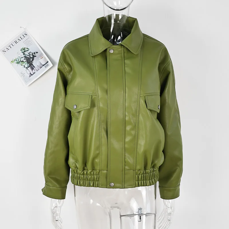 

Jacke Coat Silhouette Vintage High Street Zipper Lapel Overcoat Loose Casual Outwear Autumn Olive Green faux Leather Jacket