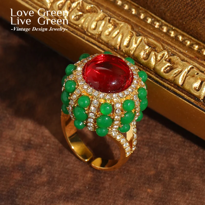 

Vintage Red Agate Glaze Green Rings For Woman Round Adjustable Gold Color Rhinestone Jewelry High Quality Wedding Christmas 2025