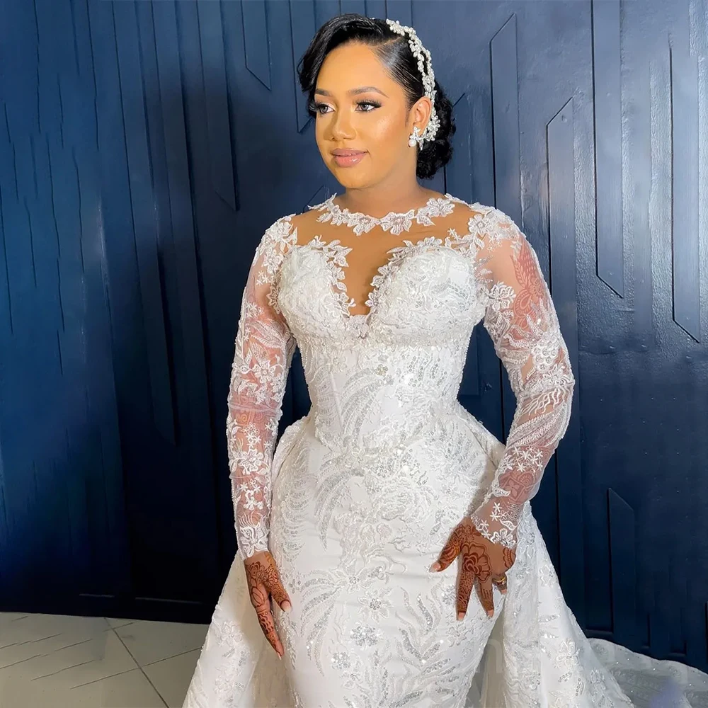 Customized Sequined Mermaid Wedding Dress Exquisite Sheer Neck Lace Long Sleeves Bridal Gowns Court Train vestido de novia