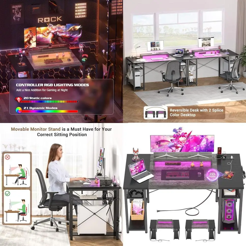 

LED-lit 55 Reversible Desk with Power & USB Ports, Adjustable Monitor Stand, Grey/Black Gaming/Home Office Desk
