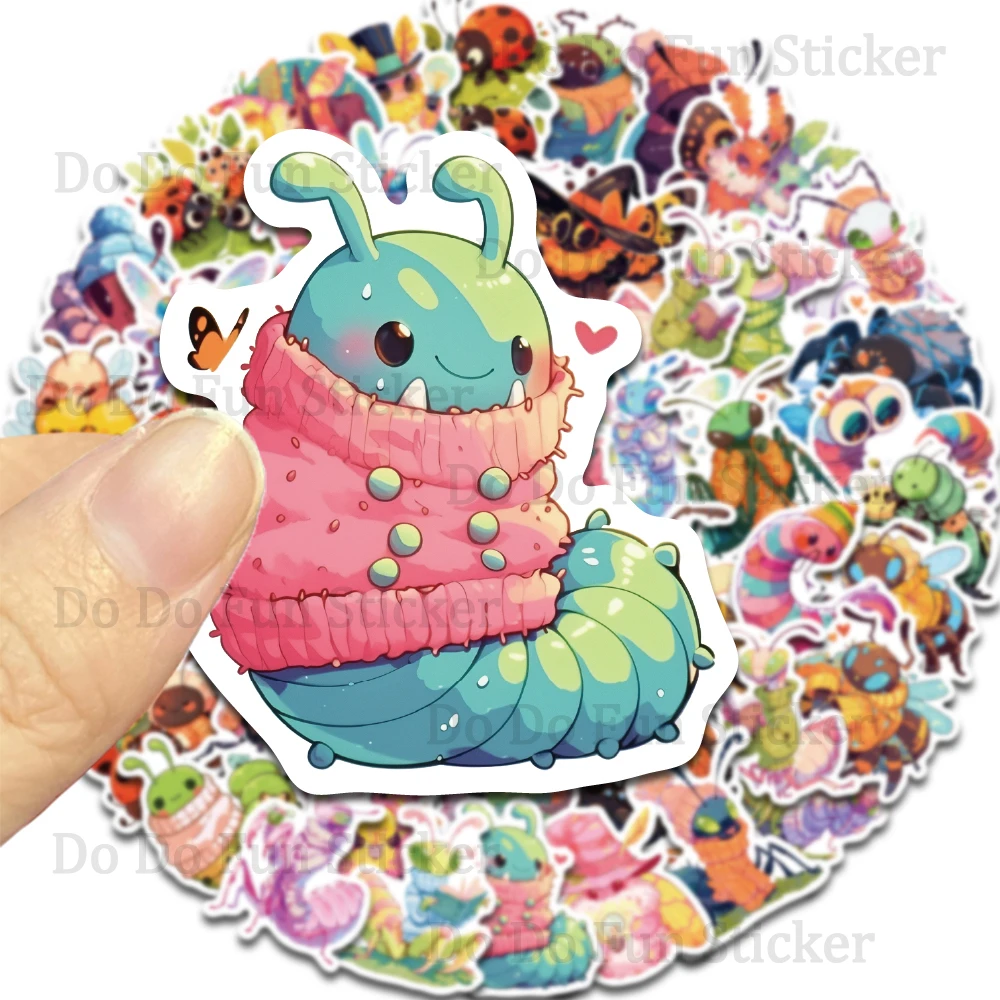 50PCS Cartoon Cute Insect Collection Graffiti Sticker Waterproof PVC Bee Butterfly Moth Caterpillar Spider Mantis Decoration