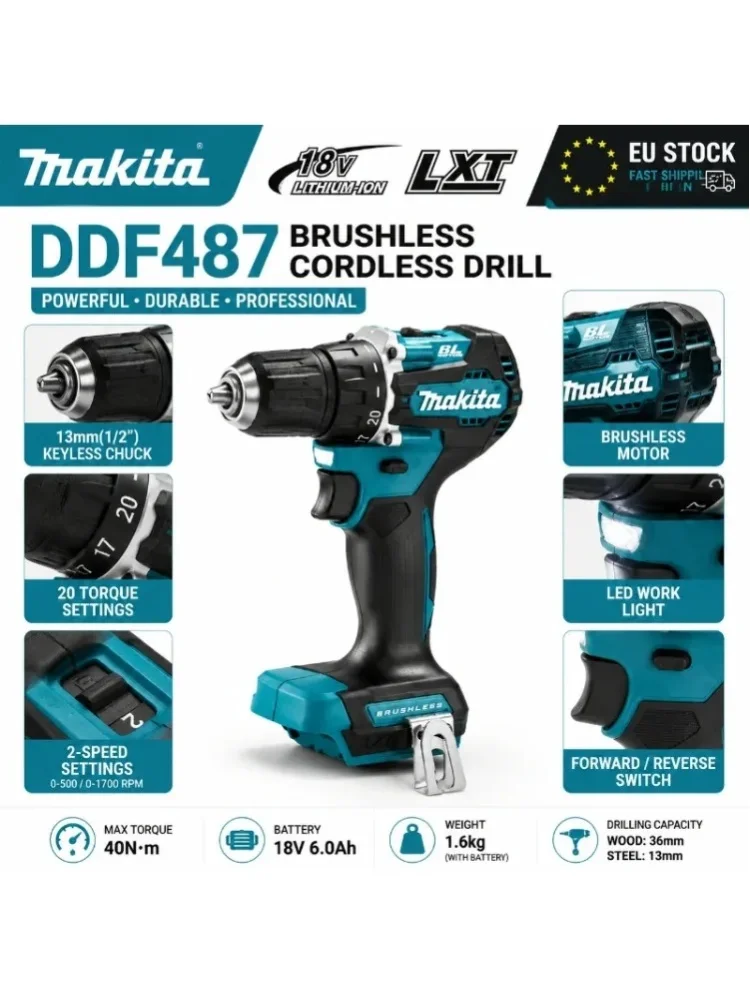 Original Makita 18V Akku-Bohrschrauber DDF487 Bürstenloser Hochdrehmoment-Bohrschrauber-Set + BL1860B BL1840 Lithium-Akku 6,0Ah Elektrowerkzeug-Set EU-Lager Schnelle Lieferung