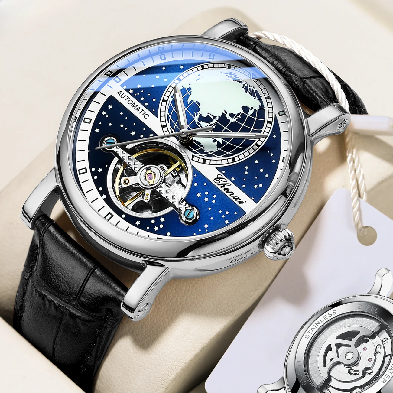 Unique Men Automatic Mechanical Watches Fashion Map Pattern Waterproof Hollow Tourbillon Watch for Men Luxury Business Clock