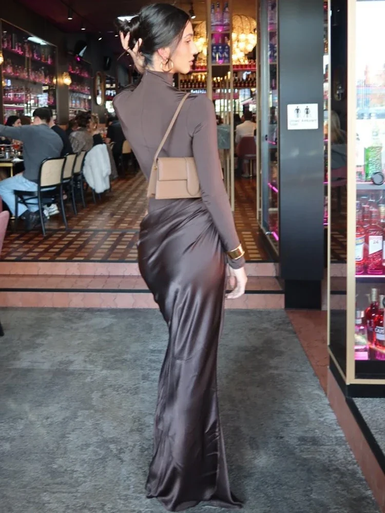 터틀넥 새틴 섹시 홀터넥 지퍼 여성 맥시 드레스 블랙 패치워크 긴팔 슬림 엘레강스 파티 이브닝 드레스