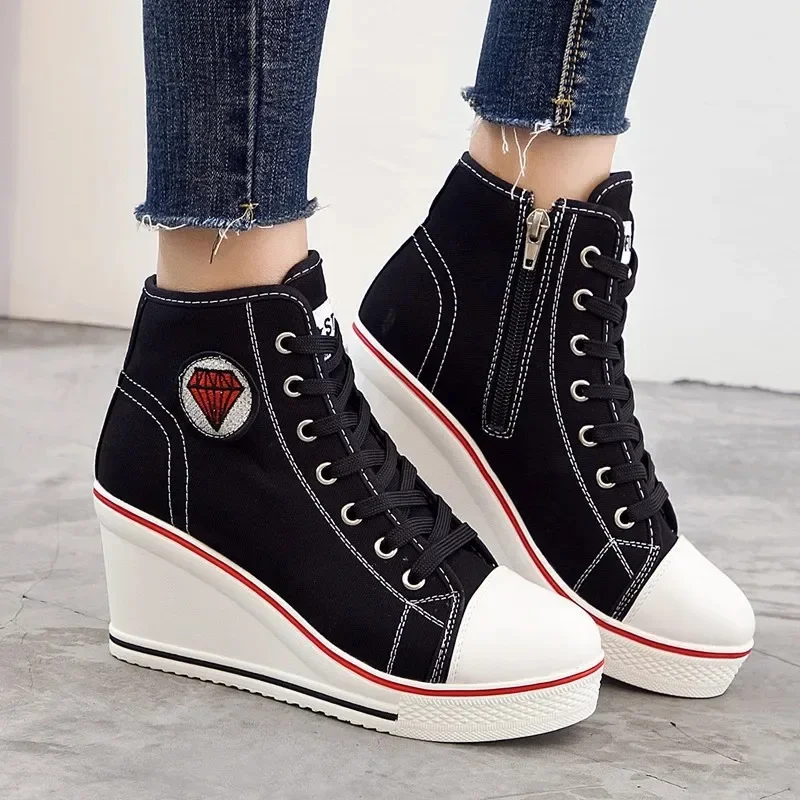 Wedge Heel Casual Shoes for Women New Canvas Shoes Side Zipper High Heel Lace Up Shoes Woman\'s Heightening Platform Sneakers