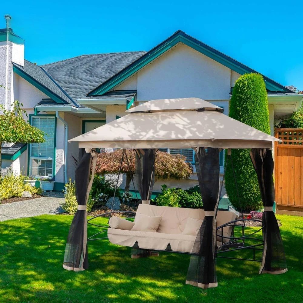 

3-Seat Patio Swing Chair, Outdoor Gazebo Swing with Double Tier Canopy, Mesh Sidewalls, Cushioned Seat and Pillows, Customized