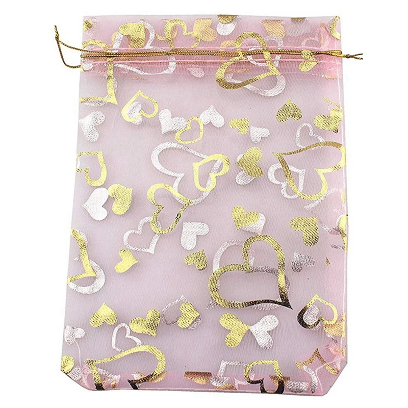 9X12cm Heart Printed Pink Organza Bags Organza Drawstring Pouches Wedding Favors Candy Bags