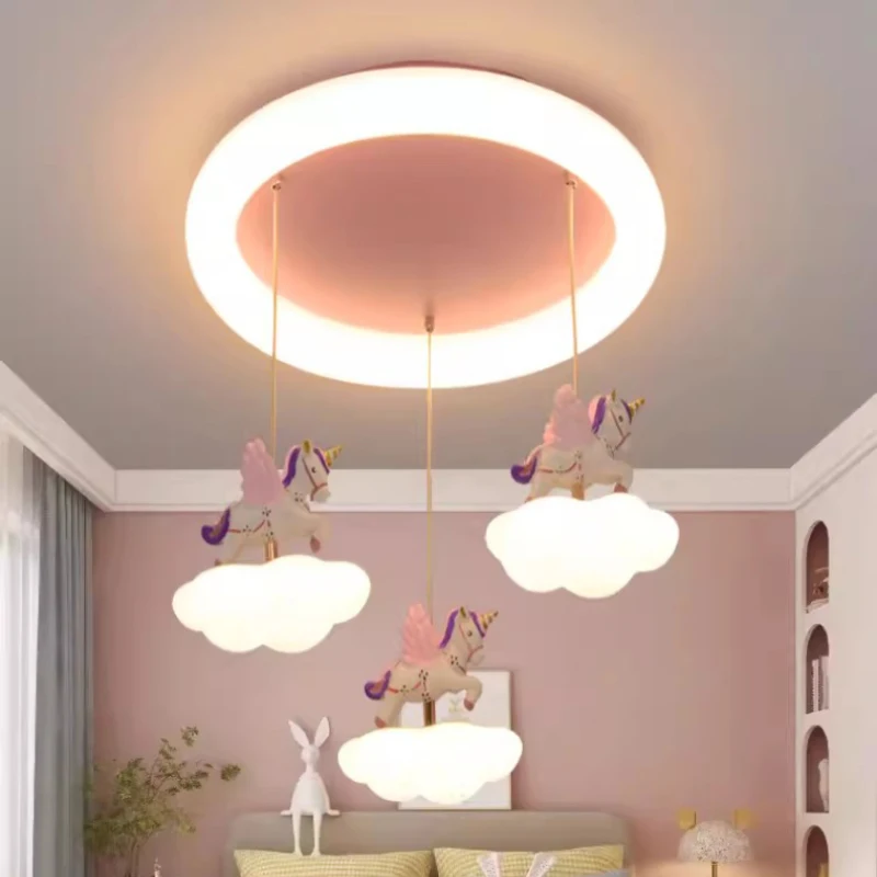 Warm Romantic Princess Room Chandelier Cute Cloud Unicorn Lamp LED Modern Nursery Little Girl Bedroom Children\'s Room Chandelier