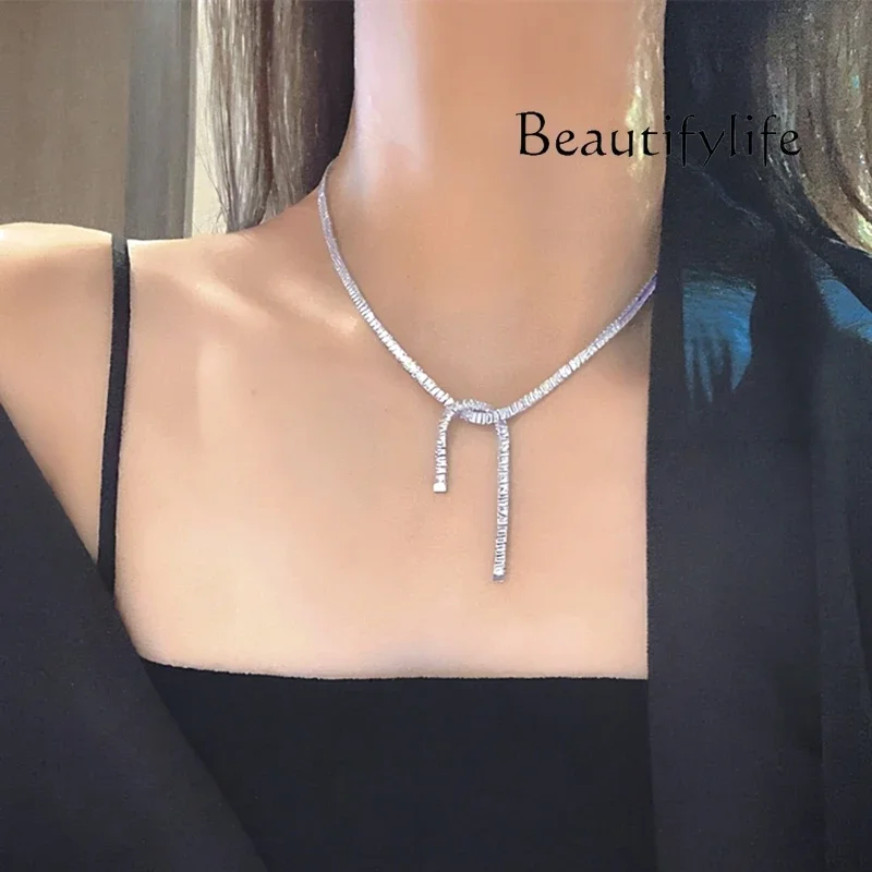 

Beauty Makeup Niche design light luxury high sense super flash rhinestone bow collarbone chain temperament versatile