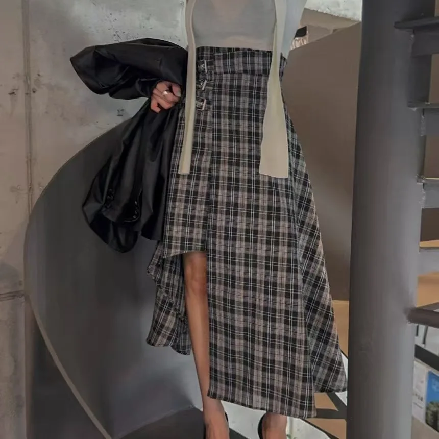 

High Waist Plaid Asymmetrical Hemline Skirt Fashion Belted Korean Style Women's Spring Autumn Winter Casual Skirt