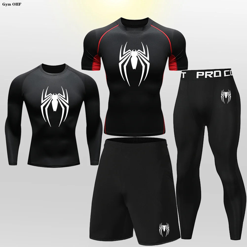 2D Print Spider Anime Boy's Printed Compression Set Long Sleeve Gym Top + Fitness Pants + Athletic Shorts Quick Drying  5-piece