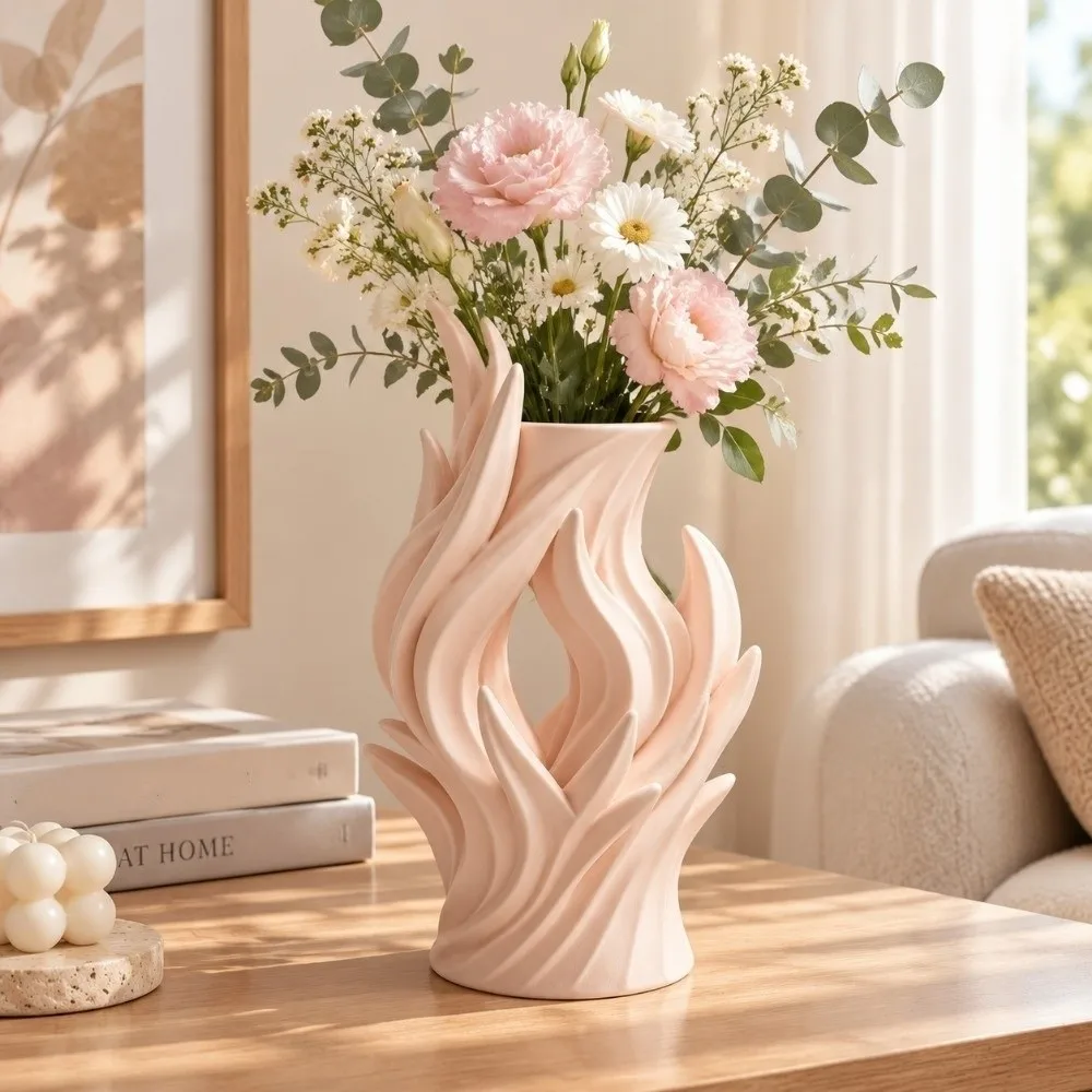 Flower Arrangement 3D Printed Irregular Vase Hollow Out Minimalist Artistic Flame Vase Twisted Wave Flower Container Entrance