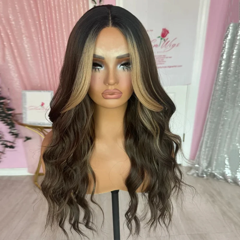 شعر مستعار بدانتيل أمامي سهل الاستخدام بطول 60.96 سم مع شريط مرن من الشعر البشري الاصطناعي المخلوط من الألياف الداكنة المموجة المقاومة للحرارة