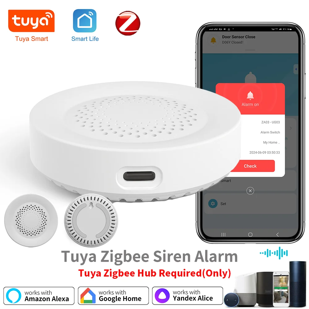 Сирена Tuya Zigbee для умной домашней безопасности, динамик 100 дБ, работает с Alexa Yandex Alice Require Tuya Zigbee Hub.