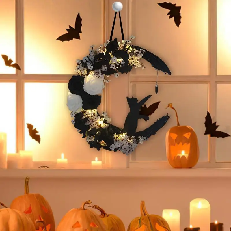 

Лунный Кот Хэллоуин Венок Звезда Кошка Гирлянда Светящиеся Хэллоуин Наружные Украшения Рождественские Украшения Светящийся Лунны