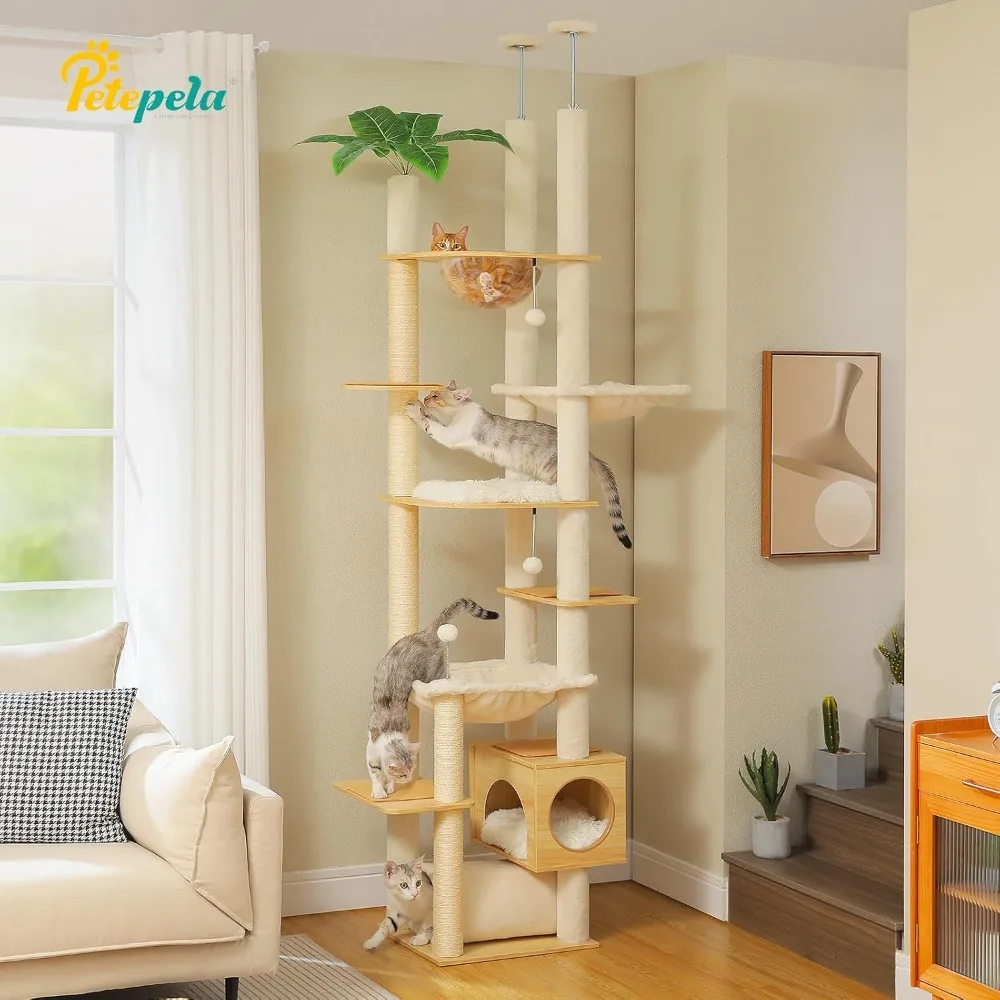 

Cat Tree,93.3''-100.8'' Height Adjustable Wooden Cat Tower, Soft Perch and Scratching Post for Indoor Cats