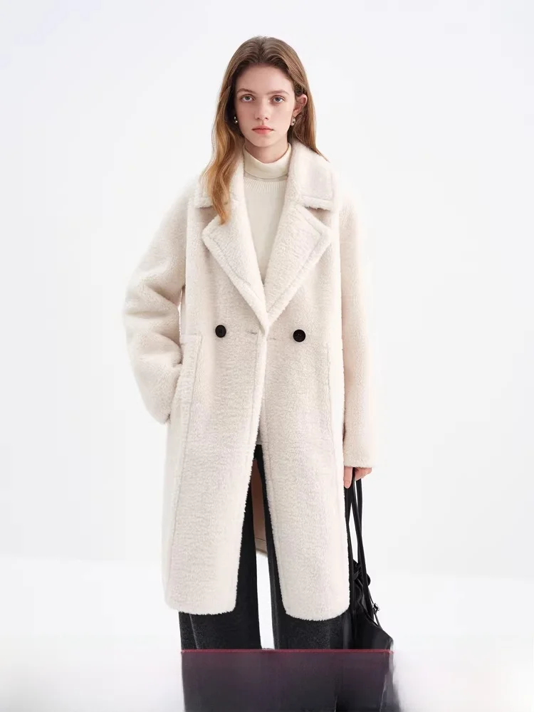 

Женское пальто Fang Silan из белой замши с искусственным мехом ягненка, зимнее, новая модель, теплое, однотонное, с длинными рукавами, элегантный стиль, прямой крой