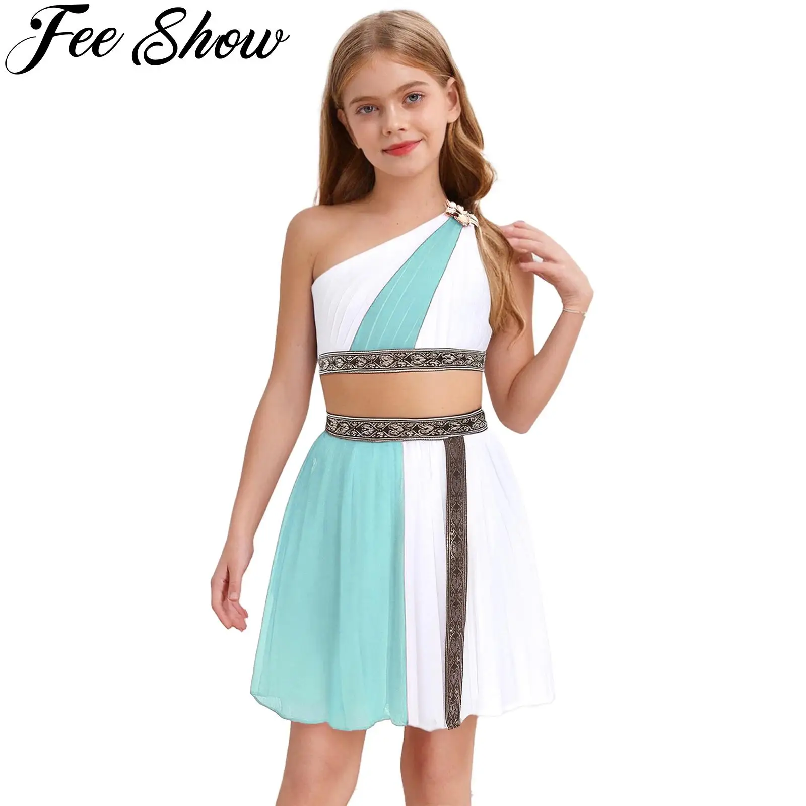 

Girl Ancient Roman Greek Egyptian Princess Costume One Shoulder Embroidered Crop Top with Pleated Skirt Halloween Cosplay Outfit