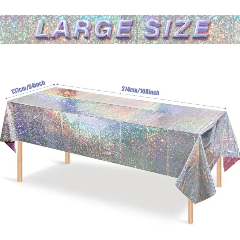1PC Disposable Tablecloth PE Waterproof Flash Laser Silver Aluminum Film Table Cloth Birthday Party Wedding Evevt Decorations view 4