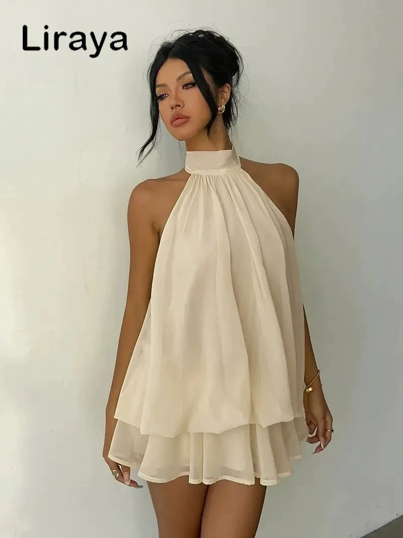 Damenkleid mit Neckholder-Ausschnitt, Rückenfreies Chiffon-Minikleid mit Bindeband, Modisches Sexy Y2K Vintage Süßes Party-Geburtstagskleid