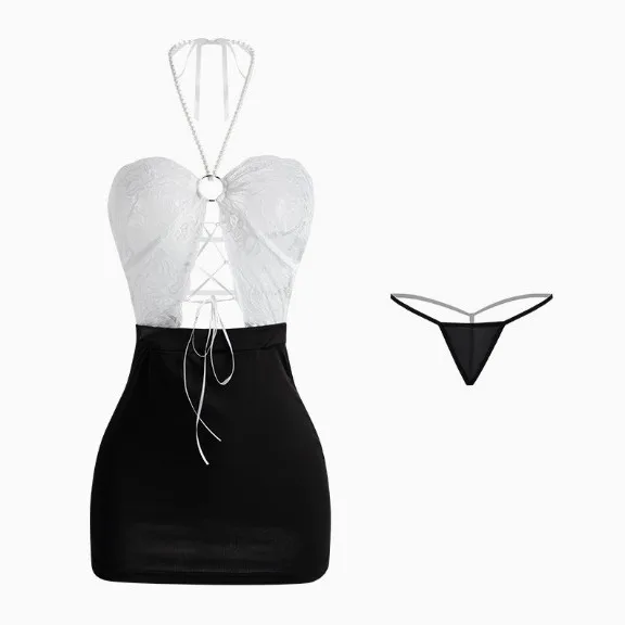 

Sexy Dress For Women Beaded Halter Neck Dress Lace Straps Hollow Design Gentle OL Secret Love Uniform Dress Pure Desire H245