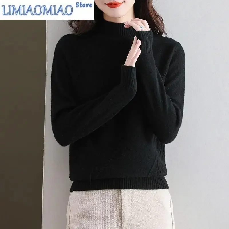 Women's Clothing Solid Color Pullover Long Sleeve Screw Thread Half High Collar Sweater Knitted Elegant Fashionable Tops