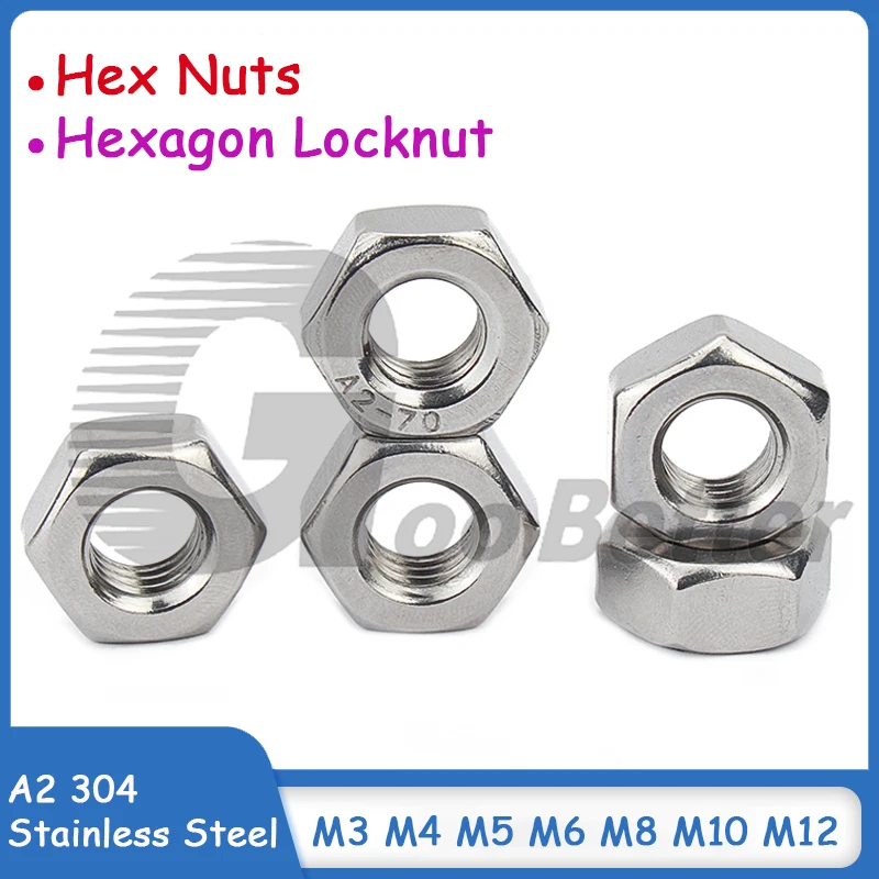 A2 304 Stainless Steel Hex Nuts M3(3mm) M4(4mm) M5(5mm) M6(6mm) M8(8mm) M10(10mm) M12(12mm) Hexagon Locknut