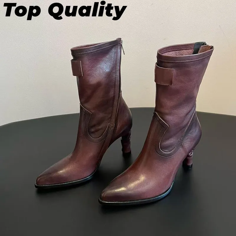 

Women's pointed high-heeled short boots women's niche waxed cowhide material retro short boots fashionable and comfortable