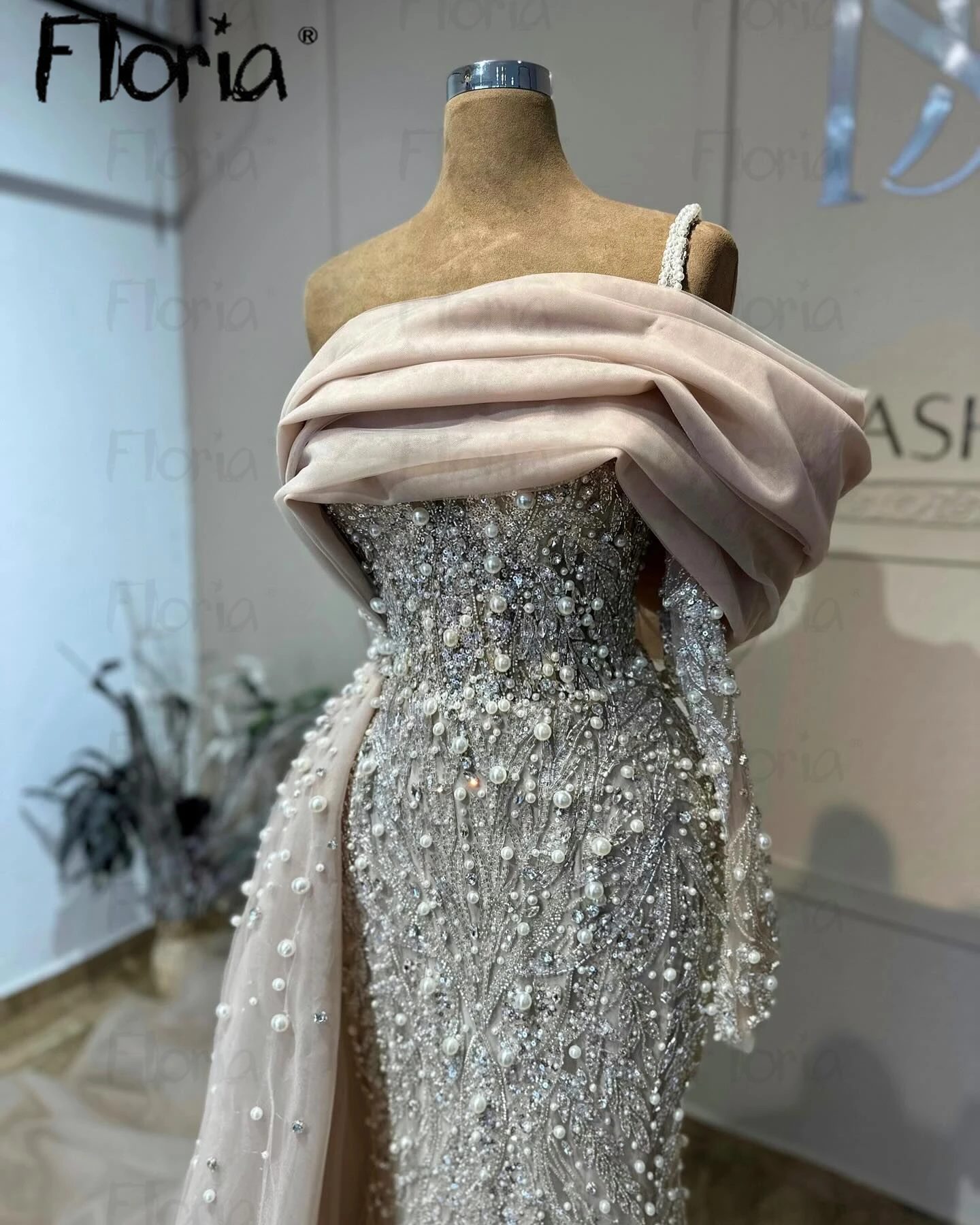 2024 árabe prata sereia elegante um ombro vestidos de noite frisado pérolas para festa de casamento feminino vestido festa abiye