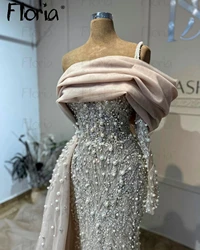 2024 Arabic Silver Mermaid Elegant One Shoulder Evening Dresses Beaded Gowns Pearls For Women Wedding Party Vestido Festa Abiye