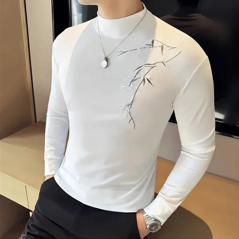 Retro Bamboo Embroidery Half Turtleneck T Shirt Men Long-sleeved Elastic Casual Mens Base Tee Tops Fashion Simple Men's Clothing