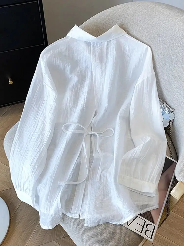 

White Collar Long Sve Women's Summer Lightweight Breathable Sun Protection irt Ba Slit Belted Single Button Thin ...