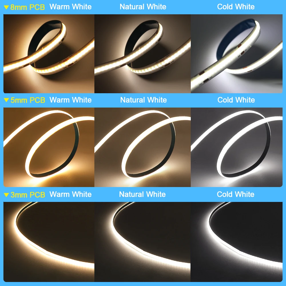 12V 24V 3mm 5mm 8mm COB LED Strip Light Fita PCB Ultra fina com DC Plug Flex Led Lâmpada 384LED CRI90 Super Brilhante Liner Iluminação