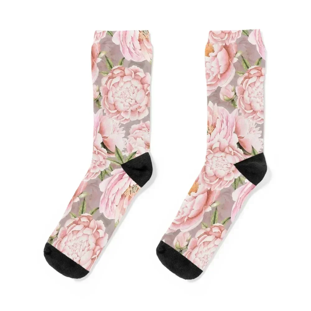 Watercolor Peonies Light Pink Sepia Botanical Garden Pattern Socks cycling luxe luxury Man Socks Women's