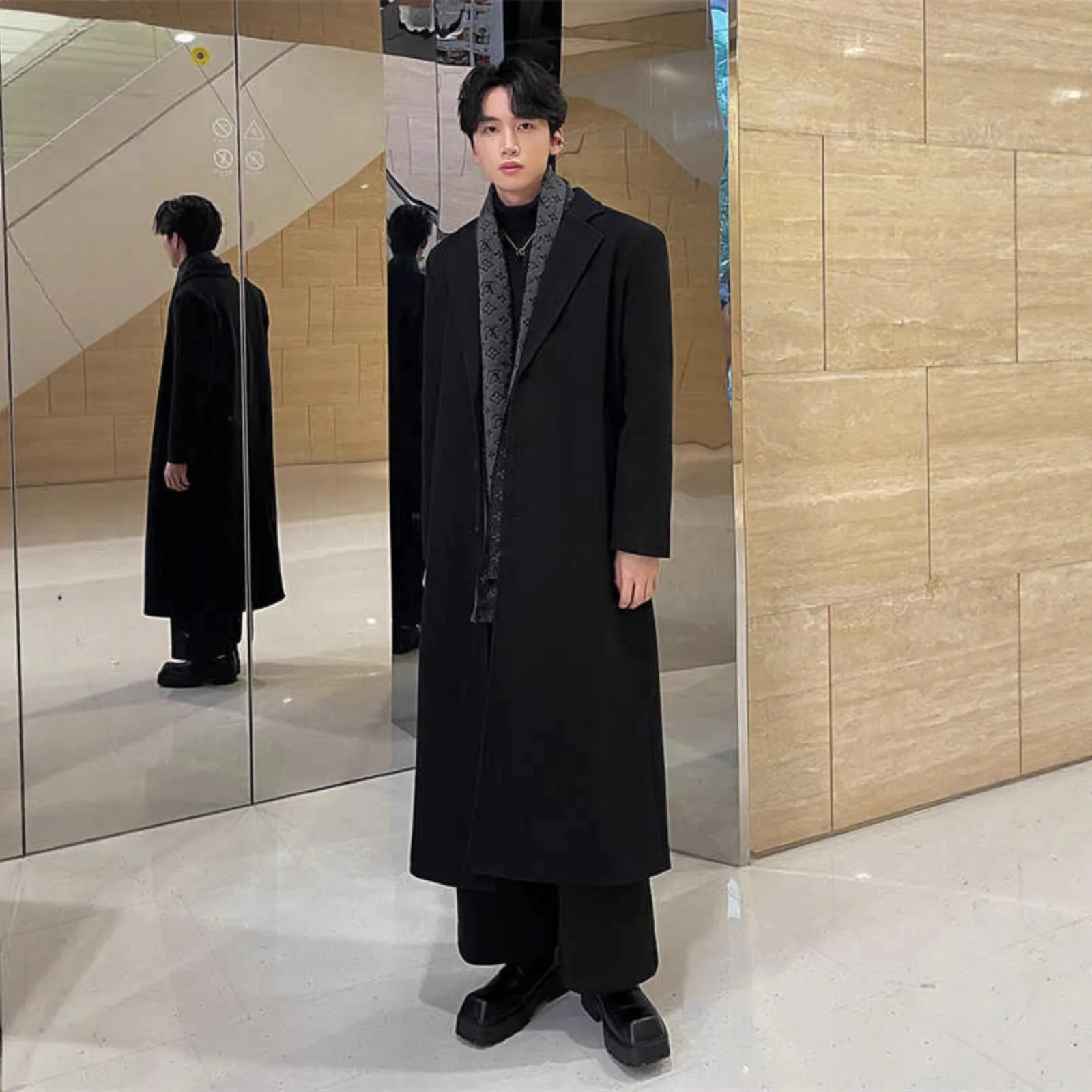 

Wool Blend Maxi Coat Mans O Neck Round Simple Clean Basic Essential Pure Fundamental Primary Main Conventional Unadorned Humble