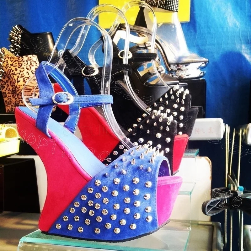 Metal Rivets Rose Red Strange Style Heels Sandals Buckle Strap Women Shoes Open Toe Party Feast Dating 2026 Zapatos Para Mujere