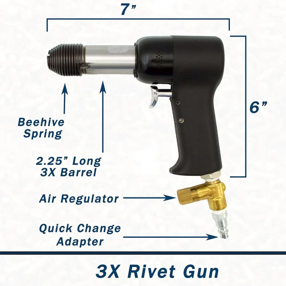 Aircraft 3X Rivet Gun Kit. Includes 3X Rivet Gun, 5 Rivet Sets, 2 Bucking Bars, 2 Retainer Springs, and Air Tool Oil.