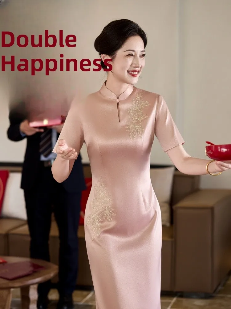 

Розовое вышитое ципао для молодых мам: летнее, формальное, китайское, облегающее, дышащее, из полиэфирного волокна, с коротким рукавом