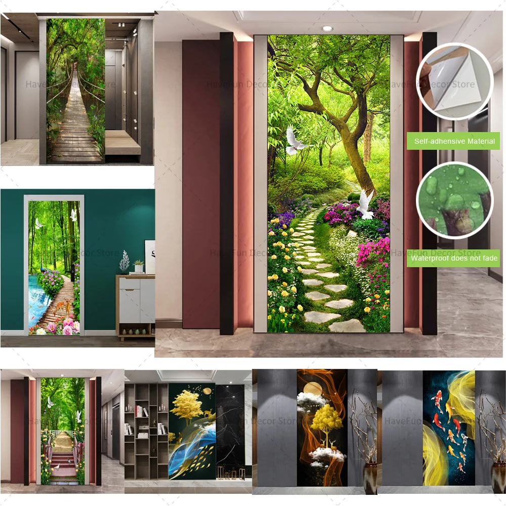 

Forest Trail Landscape Door Stickers Bedroom Kitchen and Bathroom Decoration Self-adhesive Peel-off Home Decoration Wallpaper