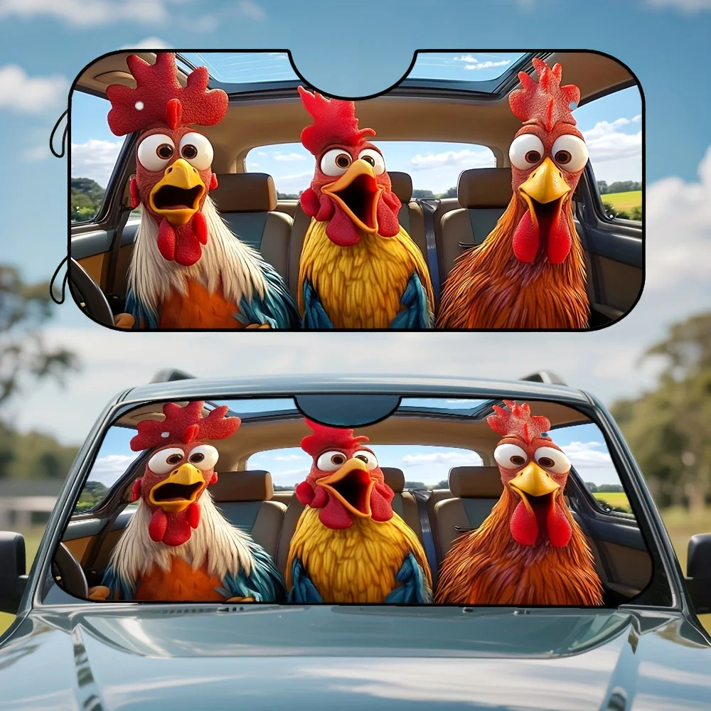 

1pc Happy Cartoon Chicken Car Sun Visor - Durable Polyester Front Window Shade With Vibrant Red & Yellow Design, Perfect For Urb