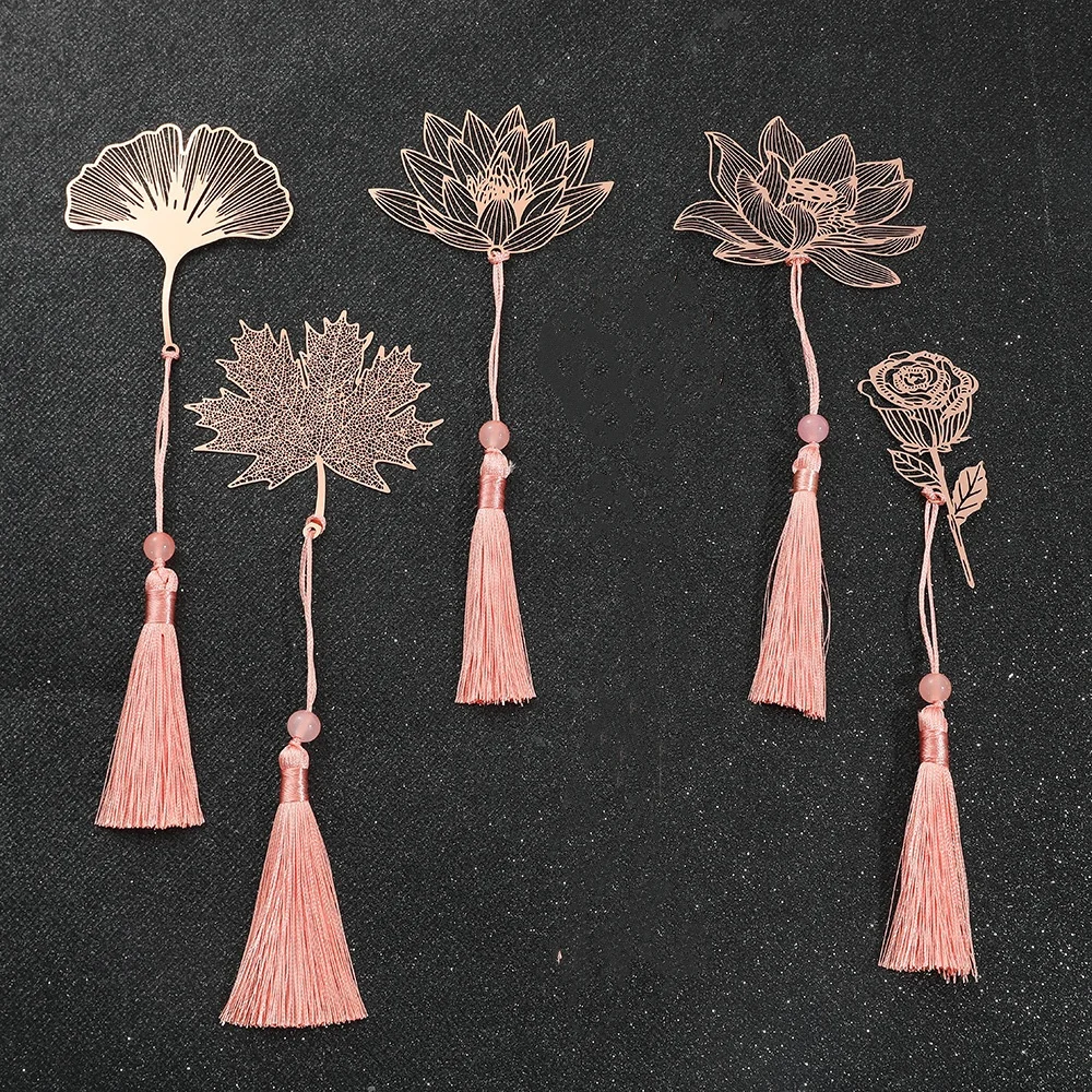 Rose Gold Color Hollow Animal Flower Plant Metal Bookmarks With Pink Tassel For Book Lover Mark Gifts Collection
