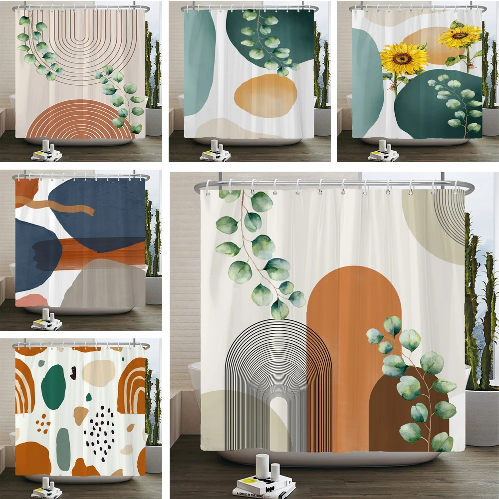 

Nordic Wind Shower Curtain Rustic Geometric Art Color Plant leaves Shower Curtains Abstract Bathroom Bath Curtain With Hooks