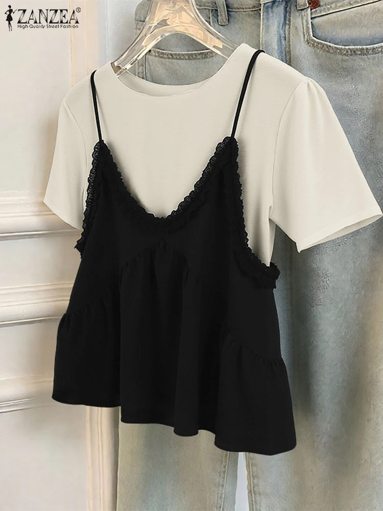 

Fashion Blouse Women Fake 2-piece Casual Loose Tops Short Sleeve Patchwork Tunic O-Neck Summer Pullover Oversized ZANZEA 2025