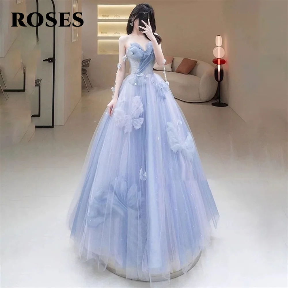ROSES Blaue, elegante, schöne Ballkleider, Tüll, herzförmiges formelles Kleid mit Falten, A-Linie, Abendkleider für Damen, individuell gestaltet